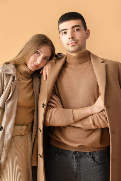 Fashionable Young Couple Autumn Clothes Beige Background — Stock Photo, Image