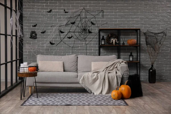 Interior Living Room Decorated Halloween Grey Sofa Shelving Unit — Stock Photo, Image