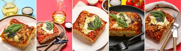 Collage Von Leckeren Italienischen Kuchen Auf Farbigem Hintergrund — Stockfoto