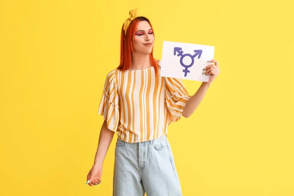 Stylish Transgender Woman Holding Paper Sheet Transgender Symbol Yellow Background — Stock Photo, Image