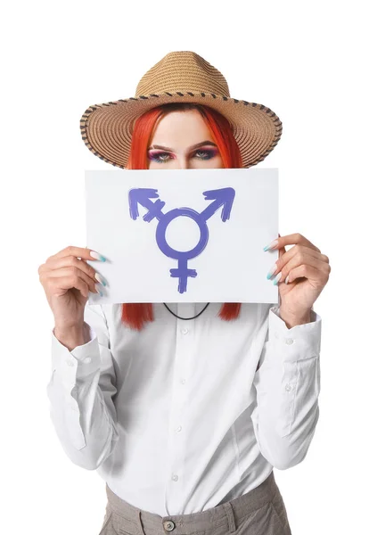 Femme Transgenre Élégante Tenant Une Feuille Papier Avec Symbole Transgenre — Photo