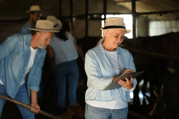 Mature Female Farmer Working Cowshed — Stock Photo, Image