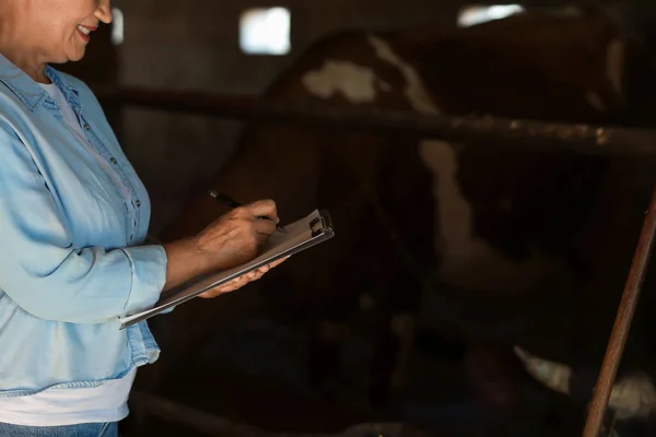 Mature Female Farmer Working Cowshed — Stock Photo, Image