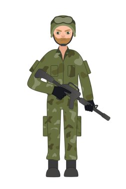 Beyaz arka planda tüfeği olan asker.