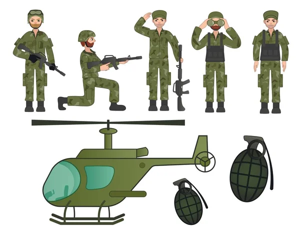 Soldats Hélicoptère Grenades Sur Fond Blanc — Image vectorielle