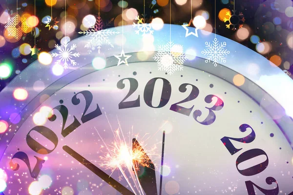 Festive Collage Clock Blurred Lights Dark Background Closeup New Year — Stock Photo, Image