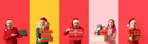 Різні Щасливі Люди Різдвяними Подарунками Кольоровому Фоні — стокове фото