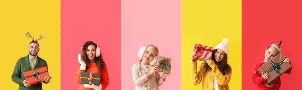 Różni Szczęśliwi Ludzie Prezentów Świątecznych Tle Koloru — Zdjęcie stockowe