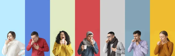 Collage Personas Enfermas Tosiendo Sobre Fondo Color —  Fotos de Stock