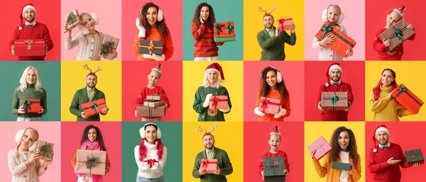 Koláž Mnoha Šťastnými Lidmi Držící Vánoční Dárky Barevném Pozadí — Stock fotografie