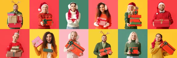 Set Van Verschillende Gelukkige Mensen Met Kerstcadeaus Kleur Achtergrond — Stockfoto