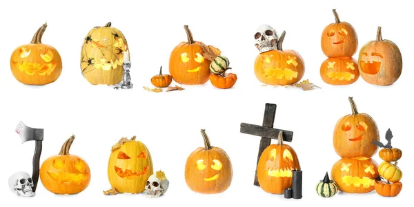 Set Espeluznantes Calabazas Halloween Aisladas Blanco —  Fotos de Stock
