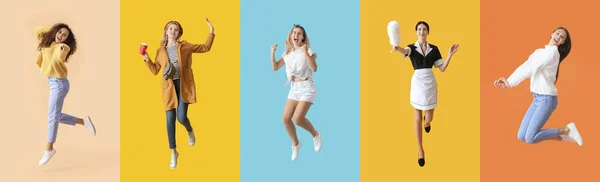Collage Glada Hoppande Kvinnor Färg Bakgrund — Stockfoto