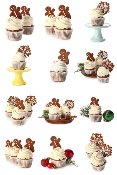 Set Sabrosos Cupcakes Navidad Con Galletas Jengibre Sobre Fondo Blanco — Foto de Stock