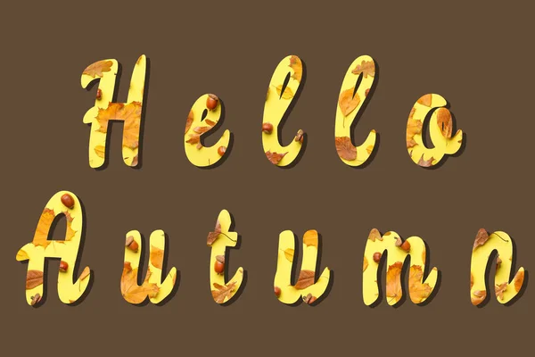 Text Hello Autumn Hnědém Pozadí — Stock fotografie