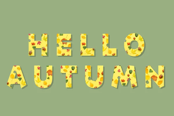 Text Hello Autumn Zeleném Pozadí — Stock fotografie