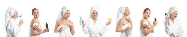 Kollektion Junger Frauen Mit Duschgelen Und Bast Perücken Auf Weißem — Stockfoto
