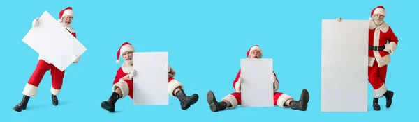 Zestaw Świętego Mikołaja Pustym Plakatem Jasnoniebieskim Tle — Zdjęcie stockowe