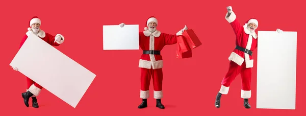 Weihnachtsmann Set Mit Leerem Poster Auf Rotem Hintergrund — Stockfoto