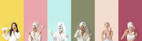 Zestaw Ładnych Kobiet Kąpieli Kolorowym Tle — Zdjęcie stockowe