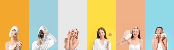 Set Belle Donne Dopo Aver Fatto Bagno Sfondo Colorato — Foto Stock