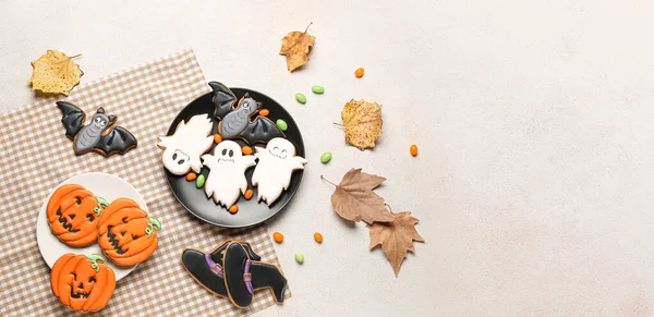Plates Halloween Cookies Candies Autumn Leaves Light Background Space Text — Stock Photo, Image