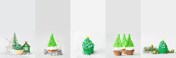 Collage Con Sabroso Cupcake Navidad Sobre Fondo Claro —  Fotos de Stock