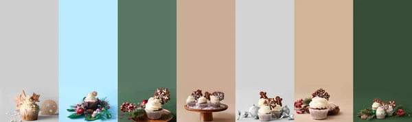 Kollázs Ízletes Karácsonyi Cupcake Színes Háttér — Stock Fotó