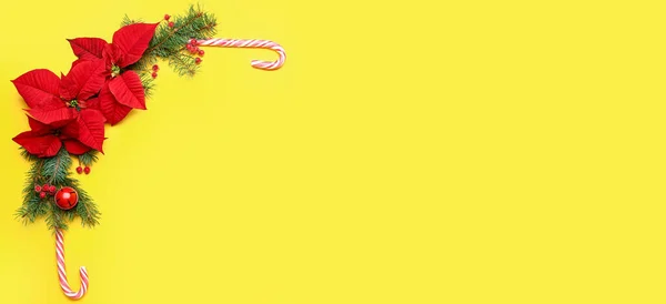 Beautiful Composition Christmas Decorations Poinsettia Flowers Yellow Background Space Text — Stock Photo, Image