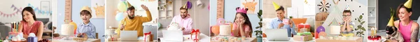 Gruppe Glücklicher Menschen Feiert Ihren Geburtstag Hause — Stockfoto