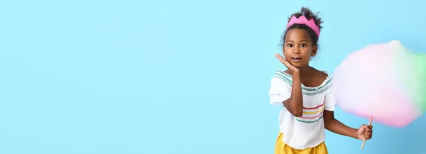 Cute African American Girl Cotton Candy Light Blue Background Space — Stock Photo, Image