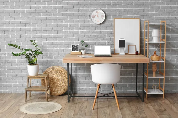 Interior Room Modern Workplace Blank Photo Frames Grey Brick Wall — Stock Photo, Image