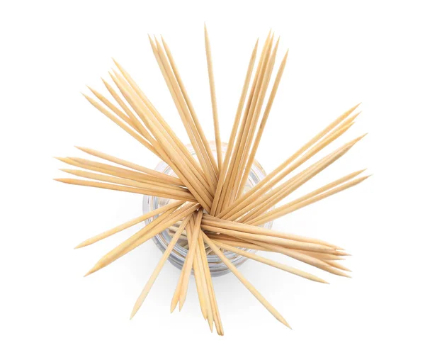 Glass Jar Wooden Skewers White Background — Stock Photo, Image