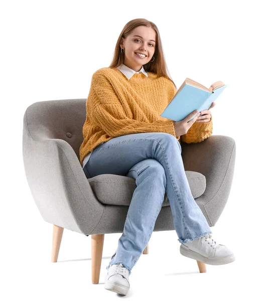 Mujer Joven Con Libro Sentado Sillón Sobre Fondo Blanco — Foto de Stock