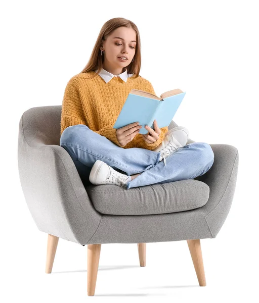 Young Woman Reading Book Armchair White Background — Stock Photo, Image