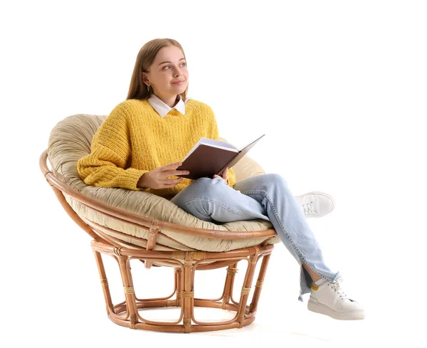 Young Woman Book Sitting Armchair White Background — Stock Photo, Image