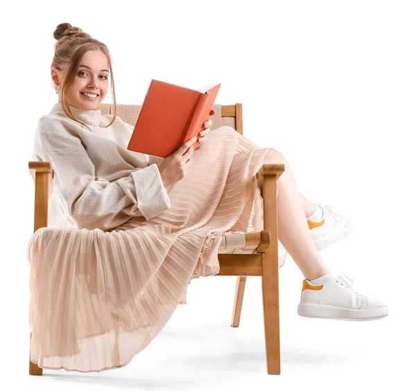 Pretty Young Woman Reading Book Armchair White Background — Stock Photo, Image