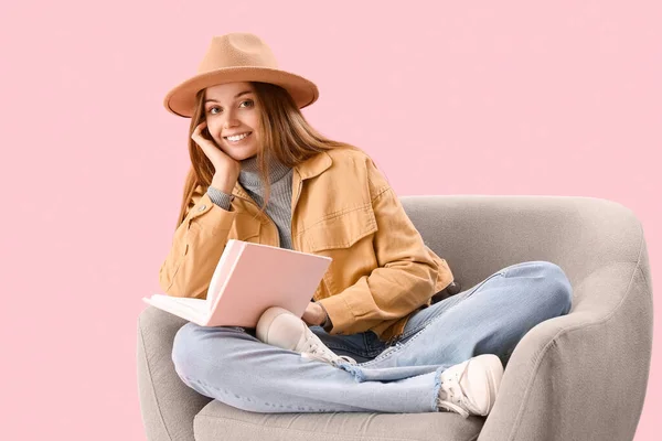 Young Woman Book Sitting Armchair Pink Background — Stock Photo, Image