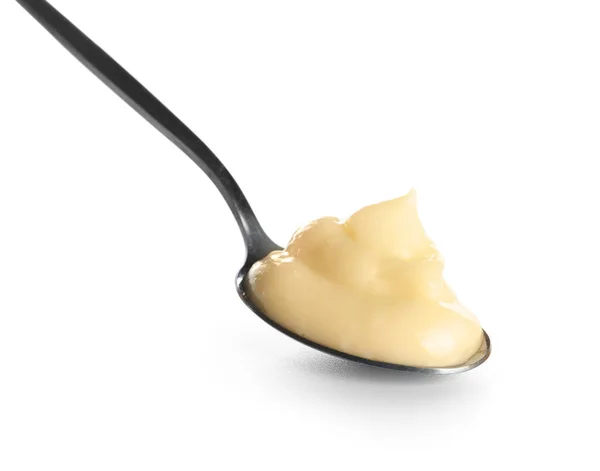 Spoon Tasty Vanilla Pudding White Background Closeup — Stock Photo, Image