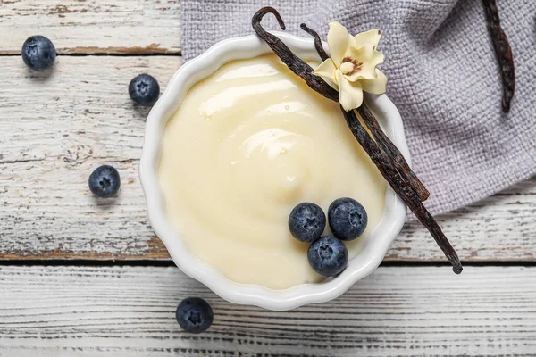 Ramekin Delicious Vanilla Pudding Light Wooden Background Closeup — Stock Photo, Image