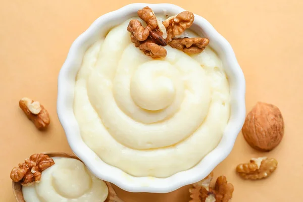 Ramekin Tasty Vanilla Pudding Walnuts Color Background Closeup — Stock Photo, Image