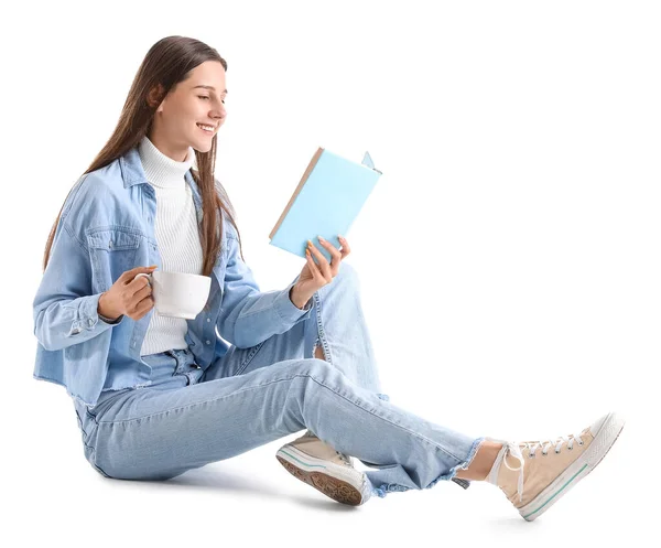 Belle Femme Jean Veste Avec Tasse Cacao Livre Lecture Sur — Photo