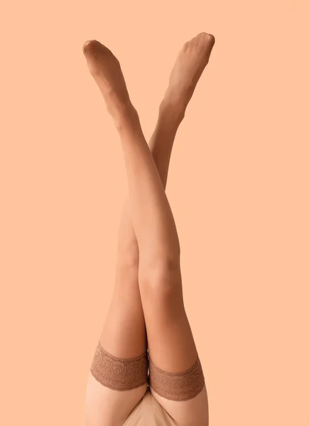 Woman Nude Stockings Beige Background — Stock Photo, Image