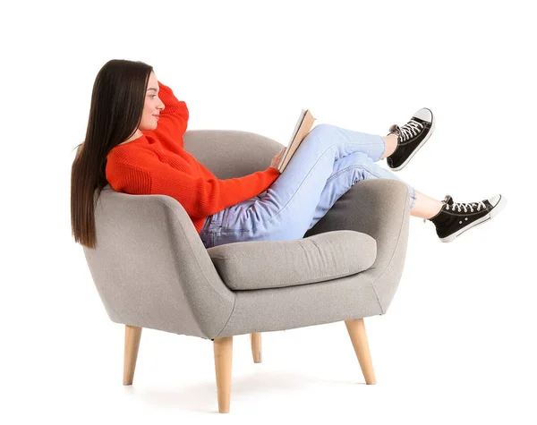 Young Woman Reading Book Soft Armchair White Background — Stock Photo, Image