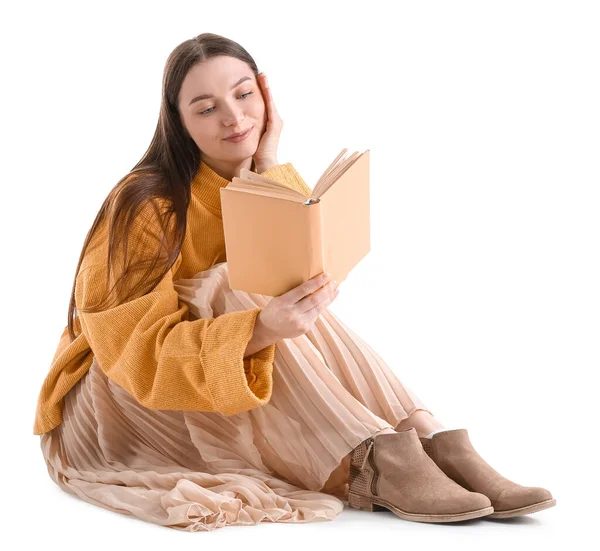 Beautiful Woman Yellow Sweater Reading Book White Background — Stock Photo, Image