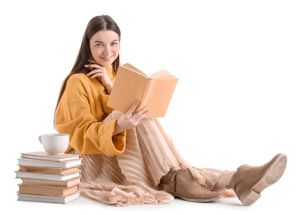 Hermosa Mujer Suéter Amarillo Libro Lectura Sobre Fondo Blanco —  Fotos de Stock