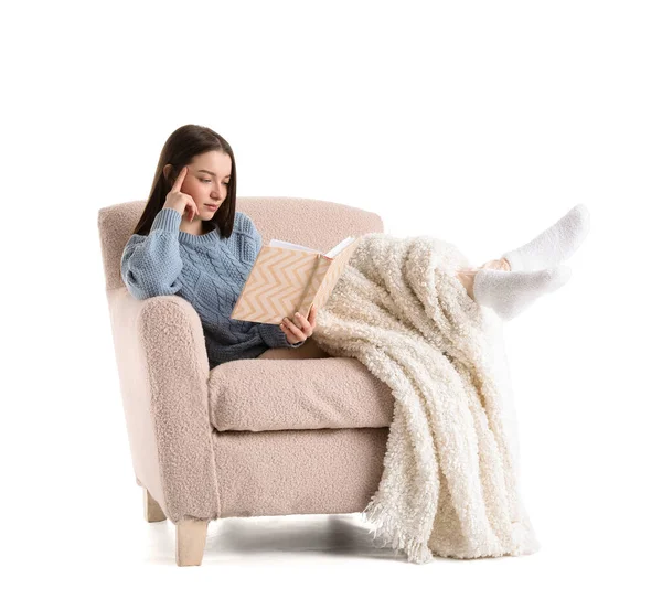 Young Woman Plaid Reading Book Armchair White Background — Stock Photo, Image