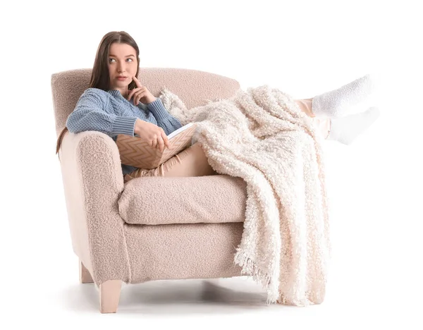 Thoughtful Young Woman Book Plaid Sitting Armchair White Background — Stock Photo, Image