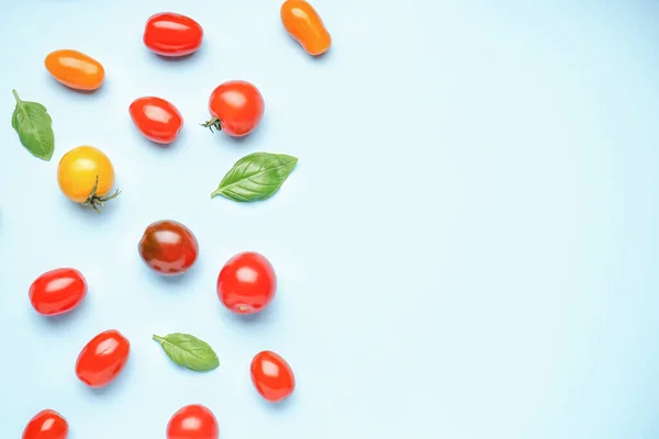 Composition Fresh Tomatoes Basil Color Background — Stock Photo, Image