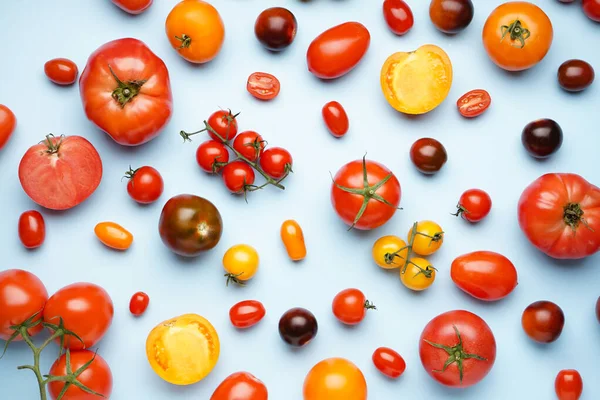 Different ripe tomatoes on color background